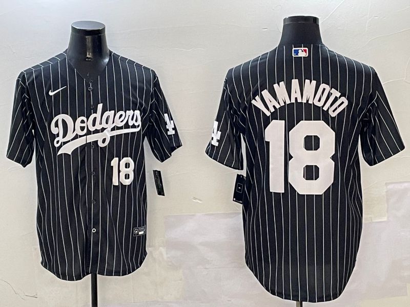 Men Los Angeles Dodgers 18 Yamamoto Black Stripe Jointly Name 2025 Nike MLB Jersey style 4